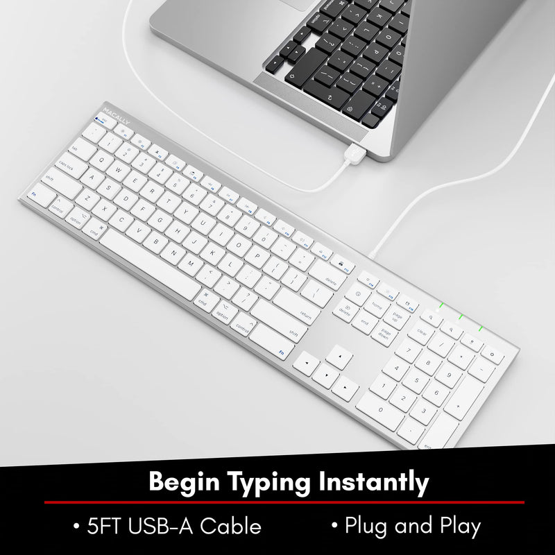 Macally Ultra Slim USB Wired Computer Keyboard - Works as Windows or Mac Wired Keyboard - Full Size Keyboard with 20 Apple Shortcut Keys - Mac Keyboard with Number Pad - Silver Aluminum Finish