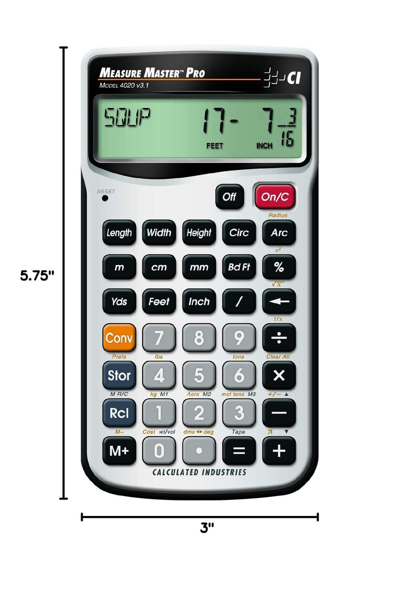 Calculated Industries 4020 Measure Master Pro Feet-Inch-Fraction and Metric Construction Math Calculator, Silver | Feet-Inch-Fraction and Metric, For Architects, Estimators, Contractors, Project Managers, Woodworkers and Fabricators Pack of 1