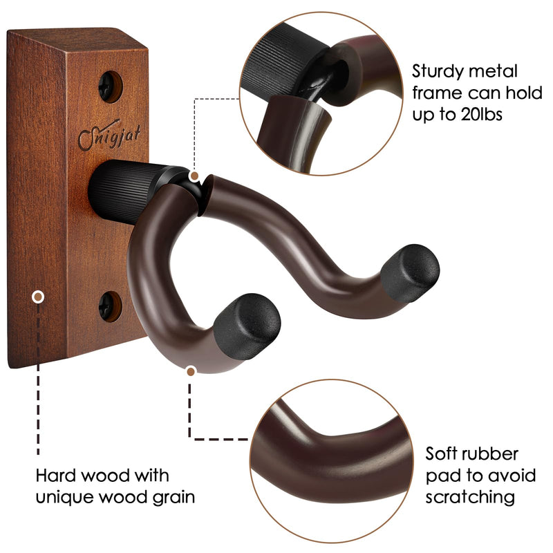 SNIGJAT Guitar Hanger 4 Pack, Hardwood Guitar Wall Mount, Rotatable Guitar Wall Hanger with Screws, V-Shaped Wall Hook Holder Stand for Acoustic Electric Guitar, Bass, Banjo, Mandolin Brown