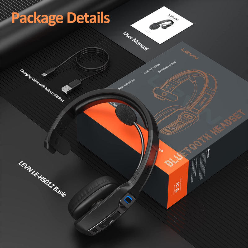 [AUSTRALIA] - LEVN Bluetooth Headset with Microphone, Trucker Bluetooth Headset with AI Noise Cancelling & Mute Button, Wireless On-Ear Headphones 60 Hrs Working Time, for Trucker Home Office Remote Work Zoom Black 