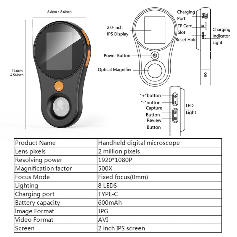 [AUSTRALIA] - Handheld Dermatoscope Skin Analyzer Machine, Wireless Portable Digital Microscope with 1080P IPS Screen 8 LEDs, 500X Magnifier, for Scalp/Hair Trichomes Facial Skin Dermatoscope Black-Dual Mirror 