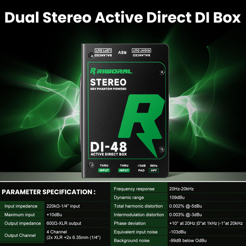Direct Box with Dual 1/4” High-Impedance Stereo Inputs Di Boxes Support For Guitar/Bass Instruments Premium Direct Injection Active Di Box For Thru & XLR Outputs