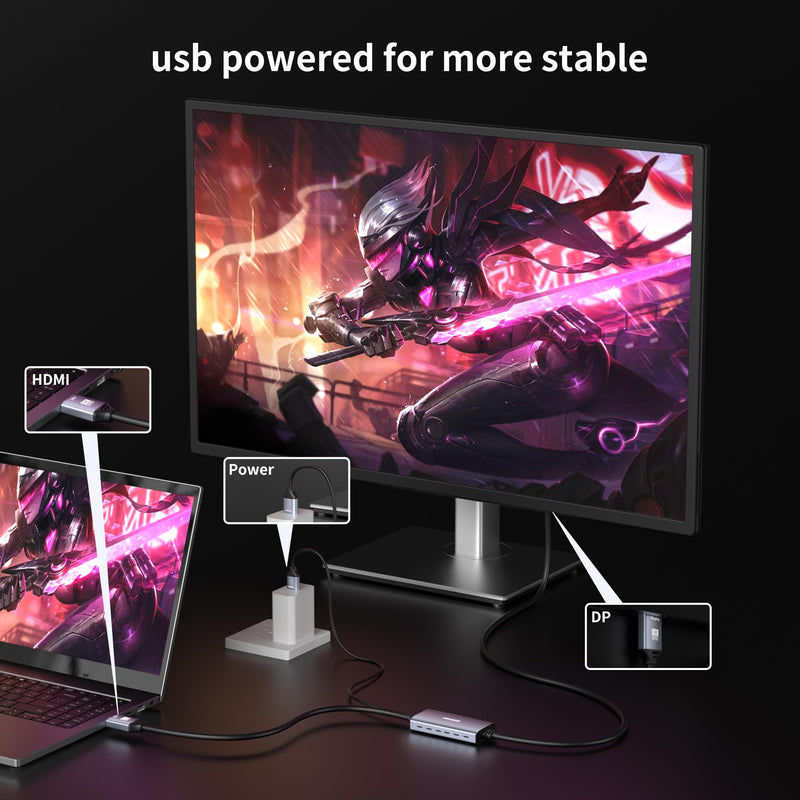 8K@30Hz HDMI to DisplayPort Cable 4K@144Hz, for PS5 Xbox Discrete GPU | Active HDMI 2.1 to DP 1.4, USB Power for Stable Signal, Aluminum Shell with Vents, for Laptop Discrete GPUs Xbox PS5