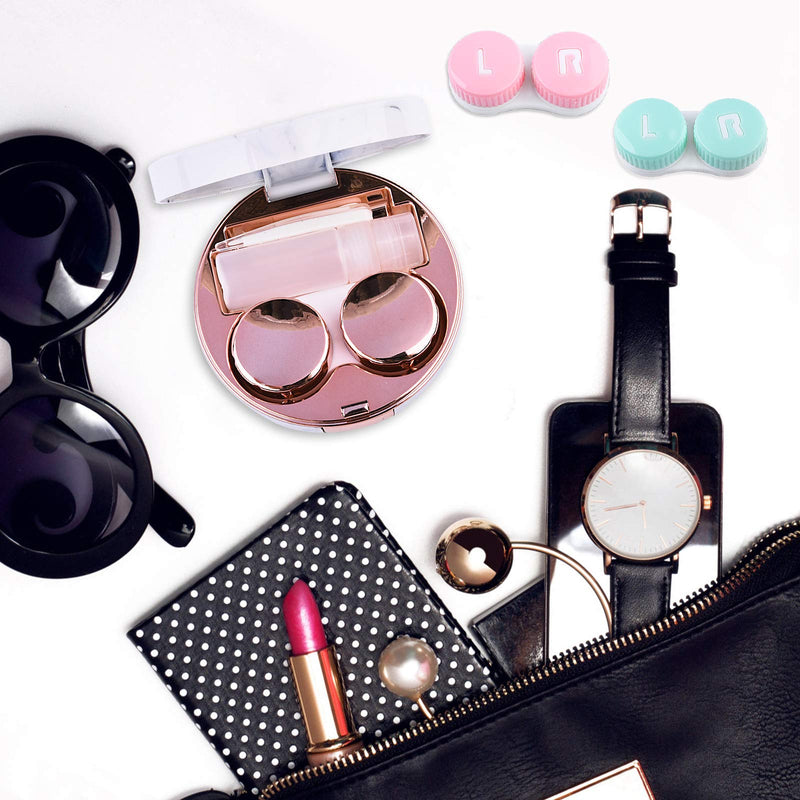 Contact Lens Case，Portable Travel Contact Lens Box with Mirror Tweezers Remover Tool Solution Bottle for Travel & Home D-Rose Gold
