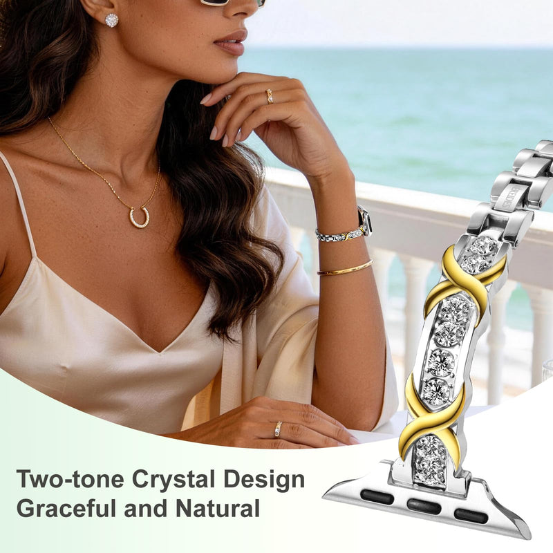 Luxury Silver Metal Band Compatible with Apple Watch Bands for Women | Stainless Steel, Chain Straps for iWatch Series 9 8 7 6 5 4 3 2 1 SE, 41mm 40mm 38mm 42mm(Series 11 10), Adjustable Retro Classic/Silver