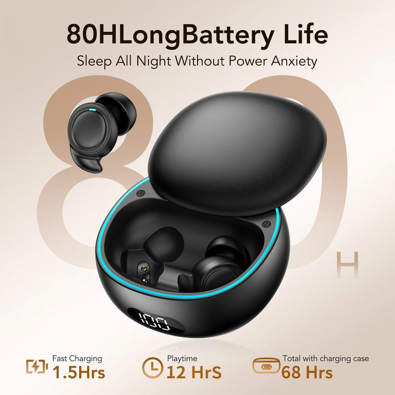 NE96 Sleep Earbuds Bluetooth 6.0 for Side Sleepers Mini Invisible Earbuds | Wireless Bluetooth Earbuds with Noise Blocking, Sleep Headphones, Comfortable Ear Plugs for Sleeping, 80H 3-size ear cap Deep Black