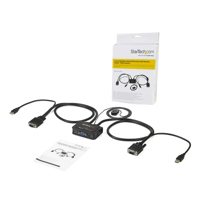 StarTech 2-Port USB VGA Cable KVM Switch 2048x1536 USB Powered (SV211USB) | Integrated KVM cables and remote switch, USB powered, Dual, Push-button hotkey or software switching, Compact