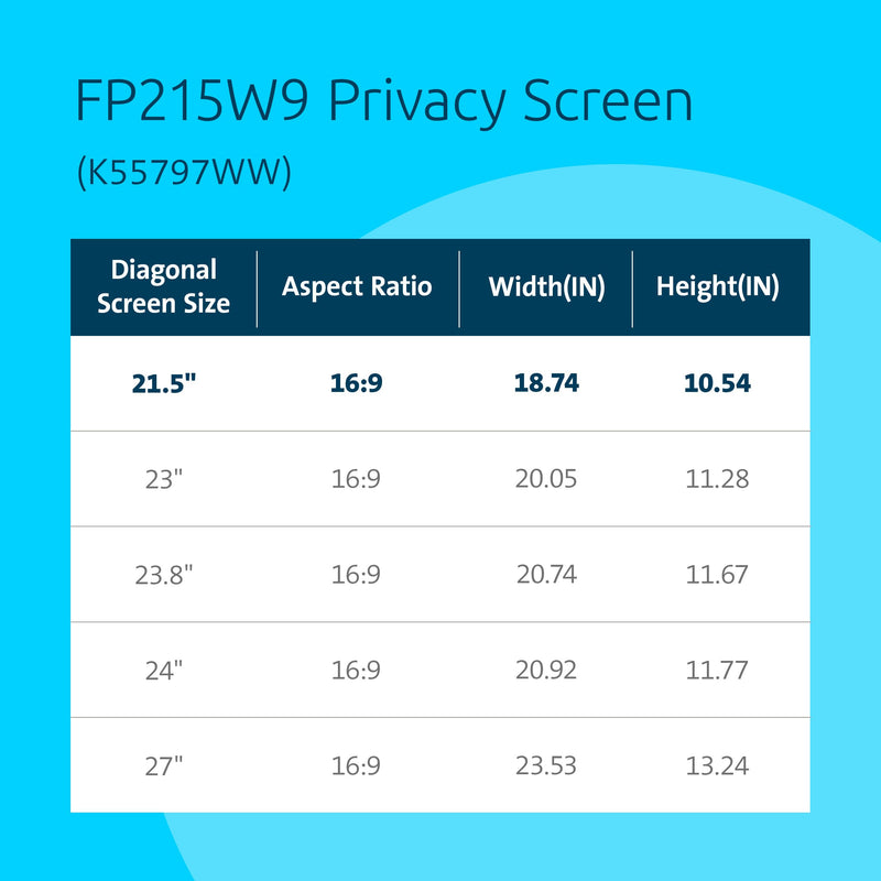 Kensington 21.5 inch Computer Privacy Screen for Desktop, 16:9 Widescreen Monitor, FP215W9 Anti-Glare Blue Ray Reduction Computer Privacy Filter, Matte and Glossy Viewing Options, K55415WW 21.5" (16:9)