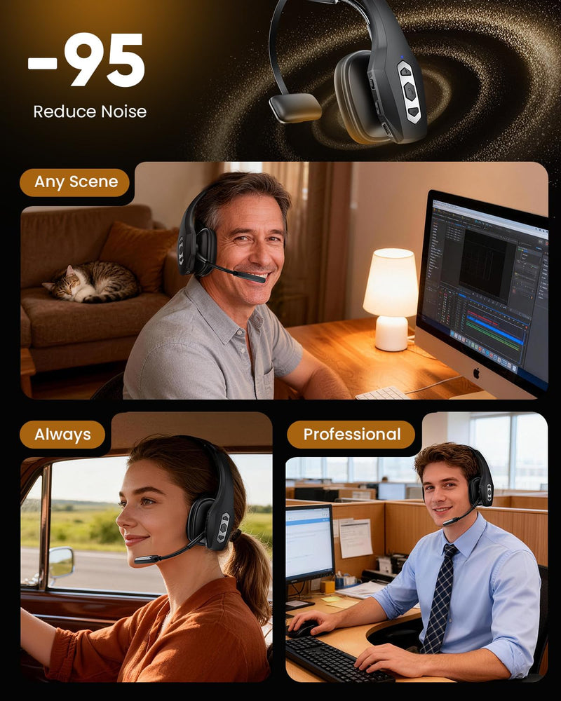 [AUSTRALIA] - Trucker Bluetooth Headset with Charging Base, Wireless Hands-Free Headset with Noise Canceling Mic & Mute Button, 56Hrs Working Time PC Headsets for Cell Phones, Computer, Truck Driver BLACK 
