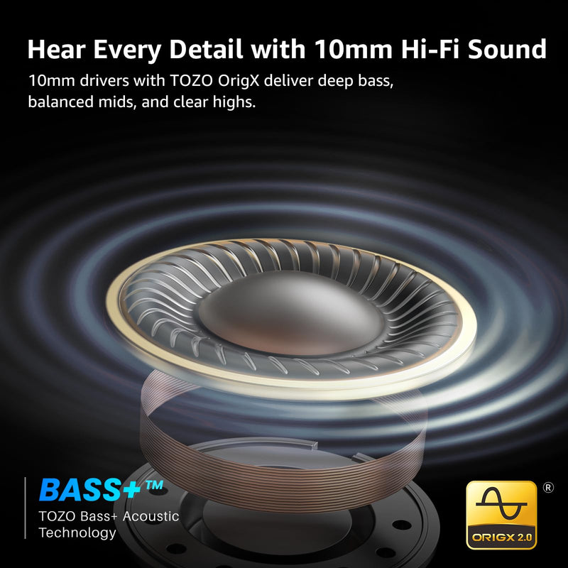 TOZO Crystal Pods Hybrid Active Noise Cancelling Wireless Earbuds, Black | 10mm Drivers Deep Bass, 4 Mics Smart ENC AI Calls, Real-Time AI Translation, 32 EQ via App, Bluetooth 5.4, 70H,Crystal Design