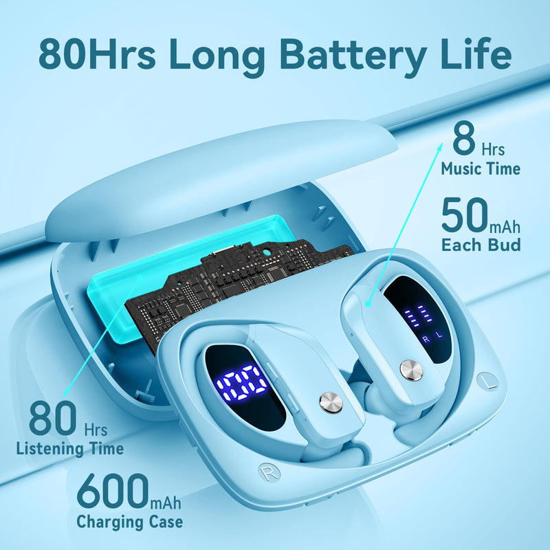 bmani Ear Buds Wireless Earbuds Bluetooth Headphones with 80H Playtime LED Display Case, Over-Ear Hook with Mic, Stereo Sound, Easy Button Controls, Sports Earphones for Running Workout Sky Blue Standard