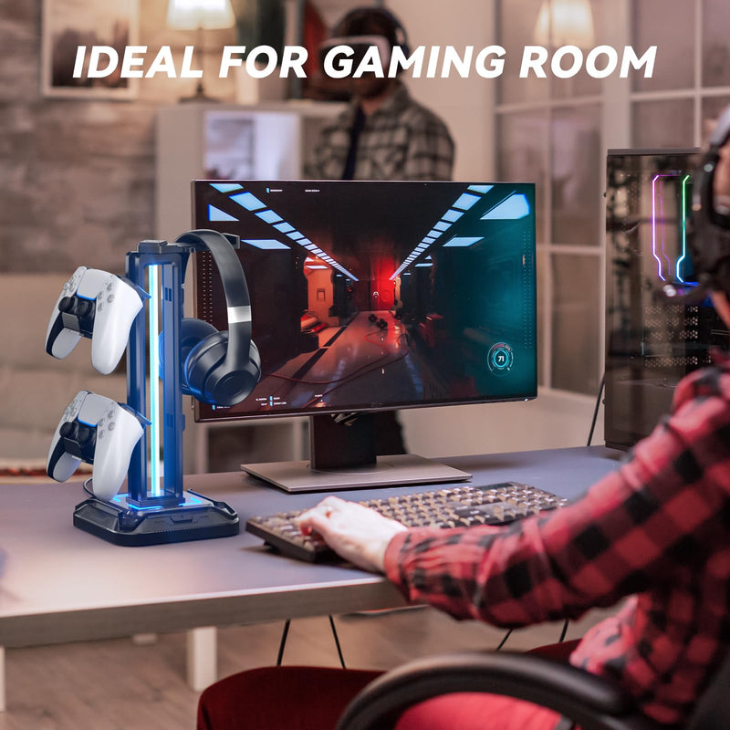 [AUSTRALIA] - KDD RGB Headset Stand with 9 Light Modes - Controller Holder for Desk - Rotatable Headphone Stand & Detachable Controller Hook for PC Earphone Accessories(Black) Black 