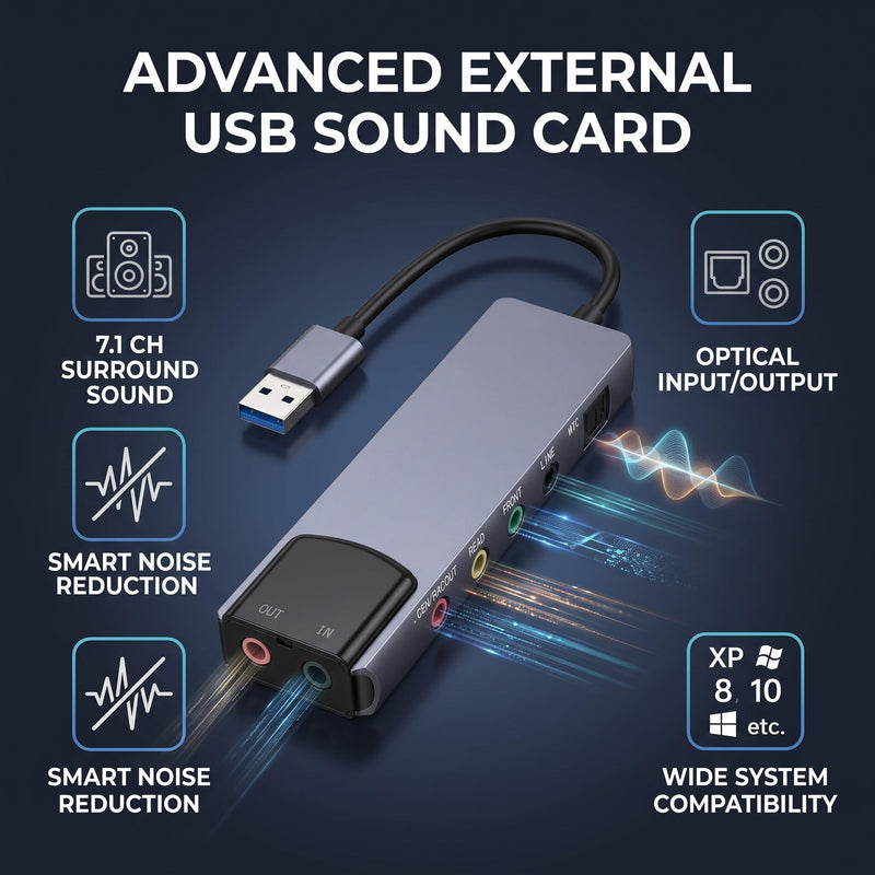 7.1 USB Surround Sound Card 5.1 External Sound Card with Optical SPDIF Input Output Audio Adapter Noise Reduction Aluminum for PC Laptop CM6206 Chip