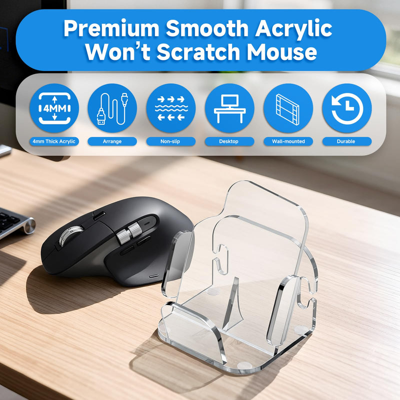 Acrylic Mouse Stand for Logitech MX Master 3 3S 4 Wireless Mouse | Desk & Wall Mount Display Holder for Wireless and Wired Mouse, with Cable Management Organizer, Clear Acrylic, Stand Only