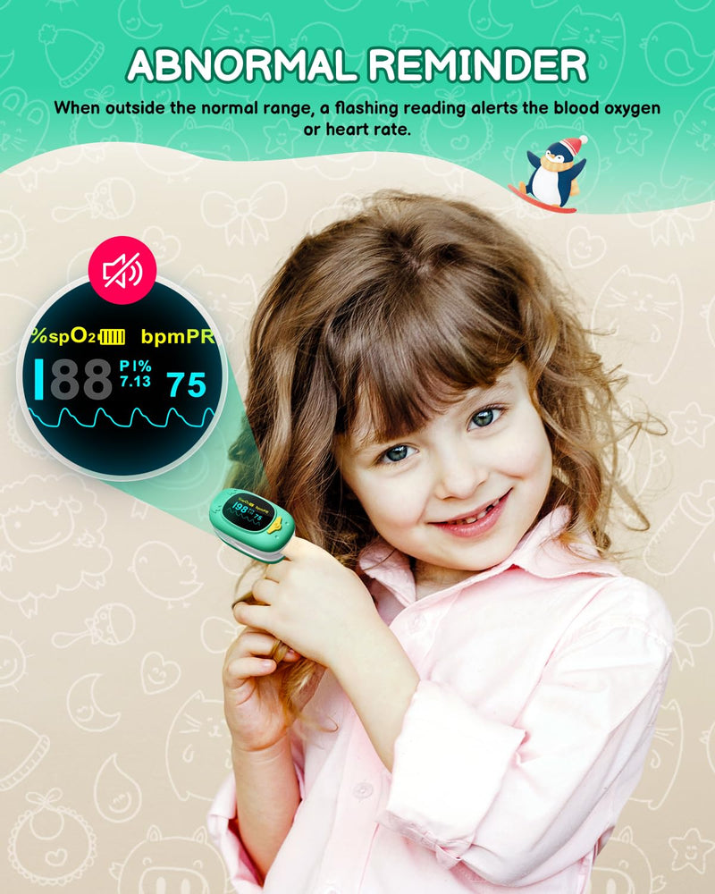 Paediatric Pulse Oximeter, HOLFENRY Oxygen Saturation Meter Finger for Children Pulse Oximeter Finger Oximeter Child-friendly Design Monitoring of SpO2, PI, Heart Rate grass green