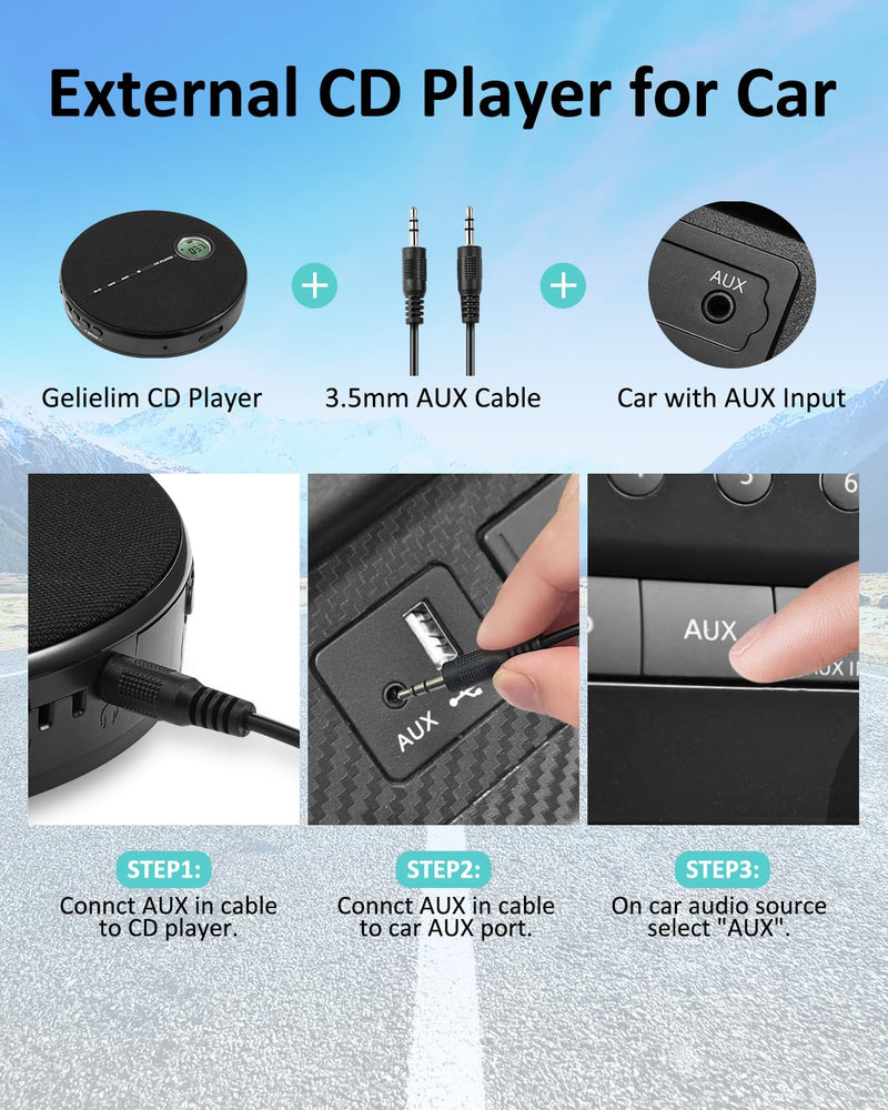 Gelielim Portable CD Player Bluetooth, Personal Discman CD Player for Car & Home,Small Fabric Music Player with Anti-Skip Protection, A-B Repeat,10 Speeds,Stereo Speakers,Supports CD/AUX/USB, Black