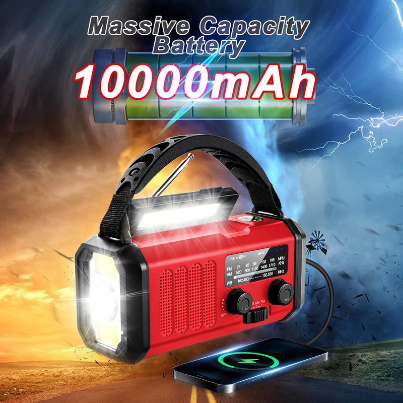 Emergency Radio,10000mAh Solar Radio, Hand Crank Radio, NOAA/AM/FM Weather Radio, USB Type-C Charging,Dynamo Radio,Polymer Battery,Torch & LED Reading Light, SOS Alarm,Compass for Camping Red