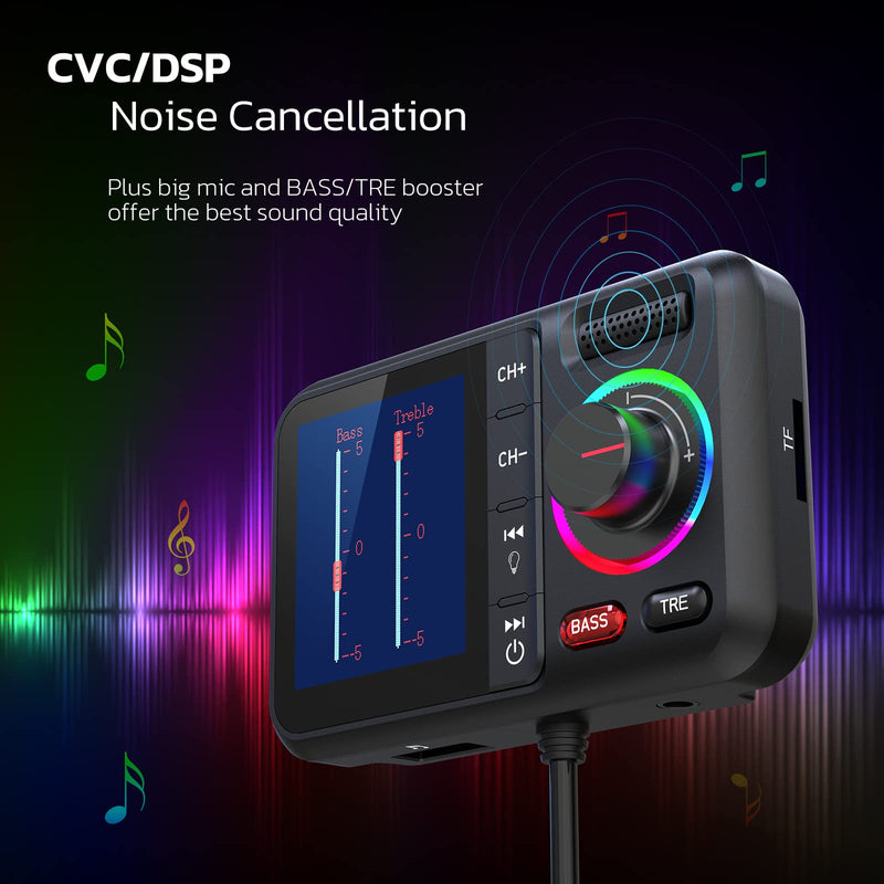 [AUSTRALIA] - Nulaxy Bluetooth FM Transmitter for Car, Wireless Car Bluetooth Adapter V5.0 with Big Color Screen, Support QC3.0 Fast Charging, Hands-Free Call, MP3 Music Player BASS&TRE Booster, TF Card/AUX-KM28 Black 