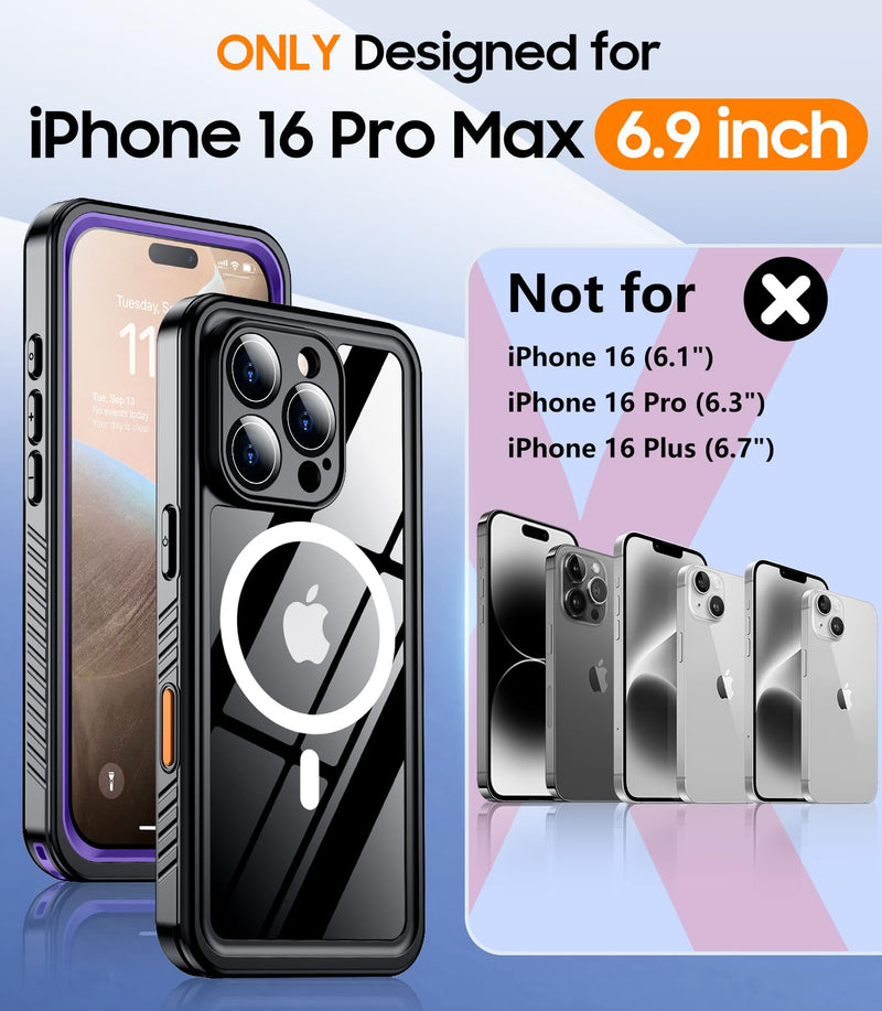 Magnetic for iPhone 16 Pro Max Case Waterproof,Built-in Screen Protector[IP68 Underwater][Upgrade Military Dropproof][Compatible with MagSafe] Full Body Shockproof Case-Purple