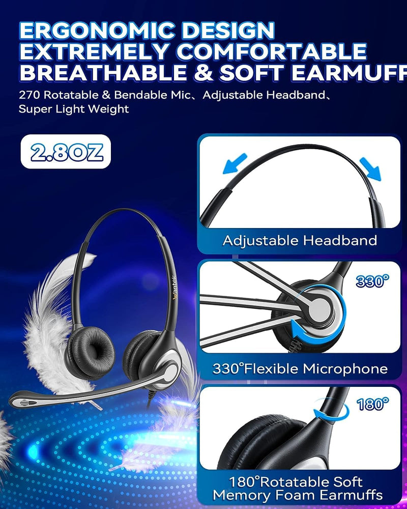 [AUSTRALIA] - Wantek Corded Telephone Headset Dual w/Noise Canceling Mic + Quick Disconnect Compatible with ShoreTel Zultys NEC Aspire Dterm Nortel Norstar Meridian Siemens ROLM Packet8 Landline Deskphones(602QS2) Binaural QD 602QS2 