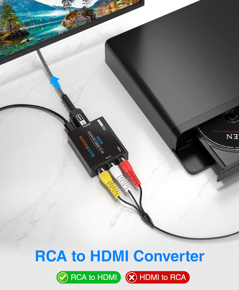 BlueRigger RCA to HDMI Converter (1080p, Unidirectional A/V Composite to HDMI Adapter, CVBS Audio Video Converter, PAL/NTSC AV to HDMI) - Compatible with PS2, PS3, Xbox, DVD Player, VCR, VHS, Blu-Ray