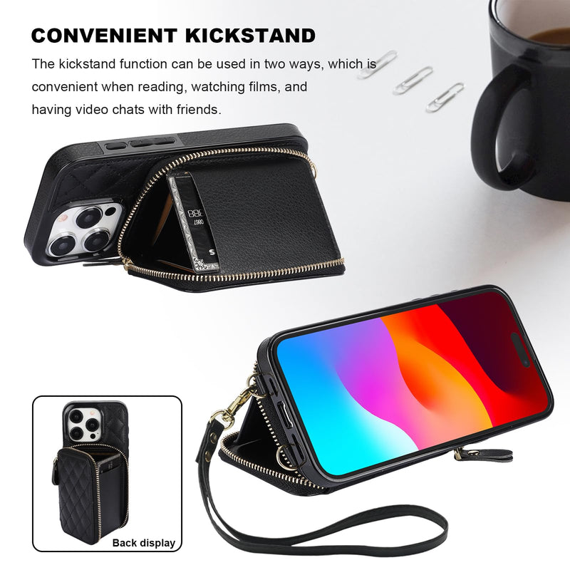 [AUSTRALIA] - Bocasal Crossbody Wallet Case for iPhone 15 Pro, RFID Blocking PU Leather Zipper Handbag Purse Flip Cover, Kickstand Folio Case with Card Slots Holder Wrist Strap Lanyard 5G 6.1 Inch (Black) Black 