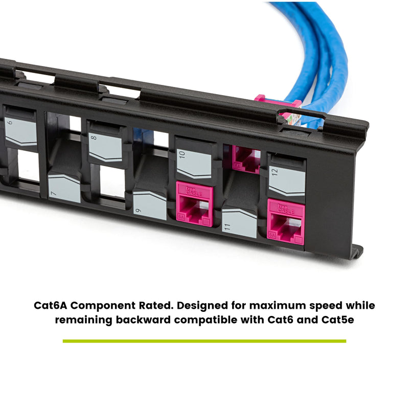 TRUE CABLE Cat6A Unshielded 12-Port Blank Toolless Modular Keystone Patch Panel, 3-D Staggered Design, Wall Mount with 89D Bracket & Mounting Hardware, High Density, Cat5e & Cat6 Compatible, Black
