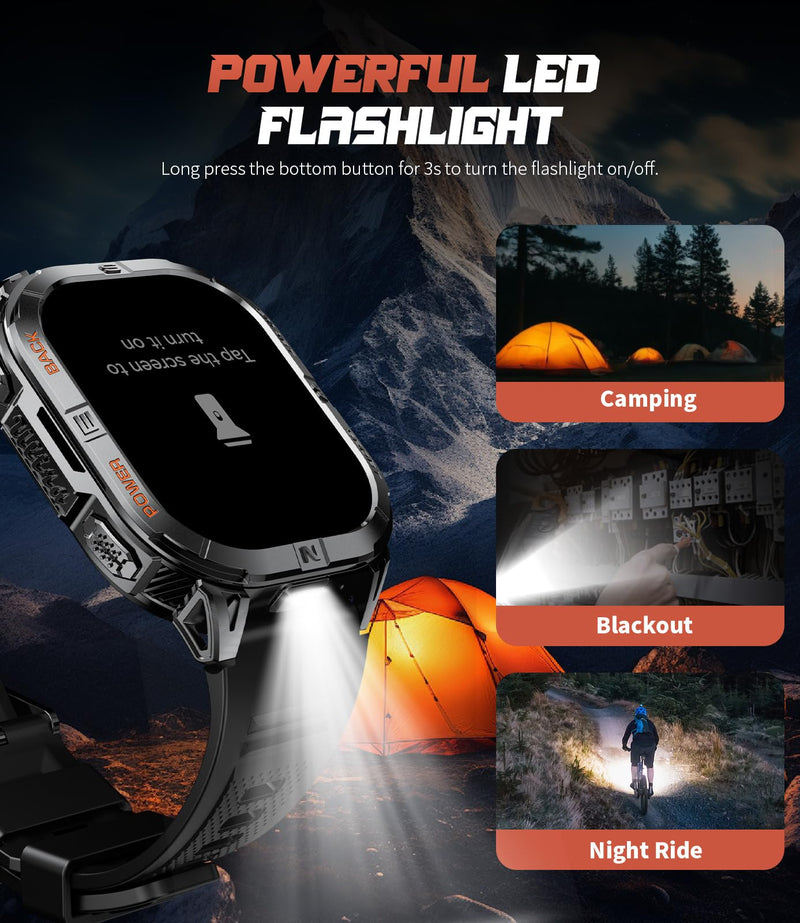 Military Smart Watches for Men,Built-in GPS/LED Flashlight/Compass/600mAh Battery,2.13" AMOLED Outdoor Sports Smartwatch with 170+ Sport Modes,5ATM Waterproof Fitness Tracker for iOS Android,Silicon