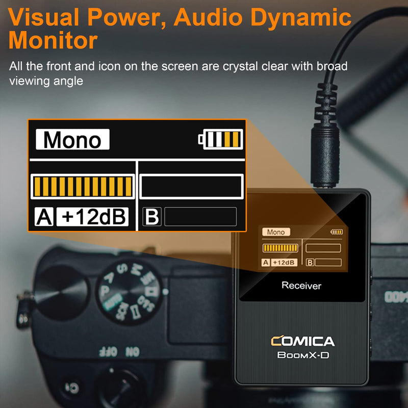 COMICA BoomX-D1 - Wireless Microphone System for Cameras, Camcorders, Smartphones, Laptops, Compact Wireless Lavalier Lapel Microphone with Noise Reduction, Low Latency, Monitoring, Muting Black
