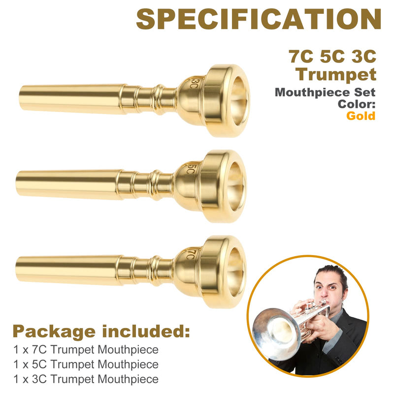 [AUSTRALIA] - 3 Pack Trumpet Mouthpiece 7C 5C 3C Trumpet Mouthpiece Set Compatible with Yamaha Bach Conn King Standard Trumpets for Beginners and Professional Players, Gold 