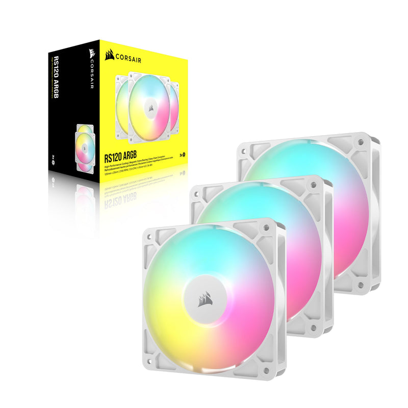 CORSAIR RS120 ARGB 120mm PWM Fans – Daisy-Chain Connection – Low-Noise – Magnetic Dome Bearing – Triple Pack – White 3 x 120mm