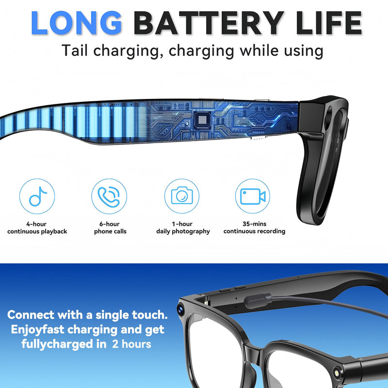 AI Smart Glasses with Camera, 8MP HD Camera Glasses for Men, AI Recording Glasses with Voice Assistant,Open-Ear Audio,Real-Time Translation,Video Recording Sunglasses for Life & Work (Photochromic) Black (Photochromism lenses)