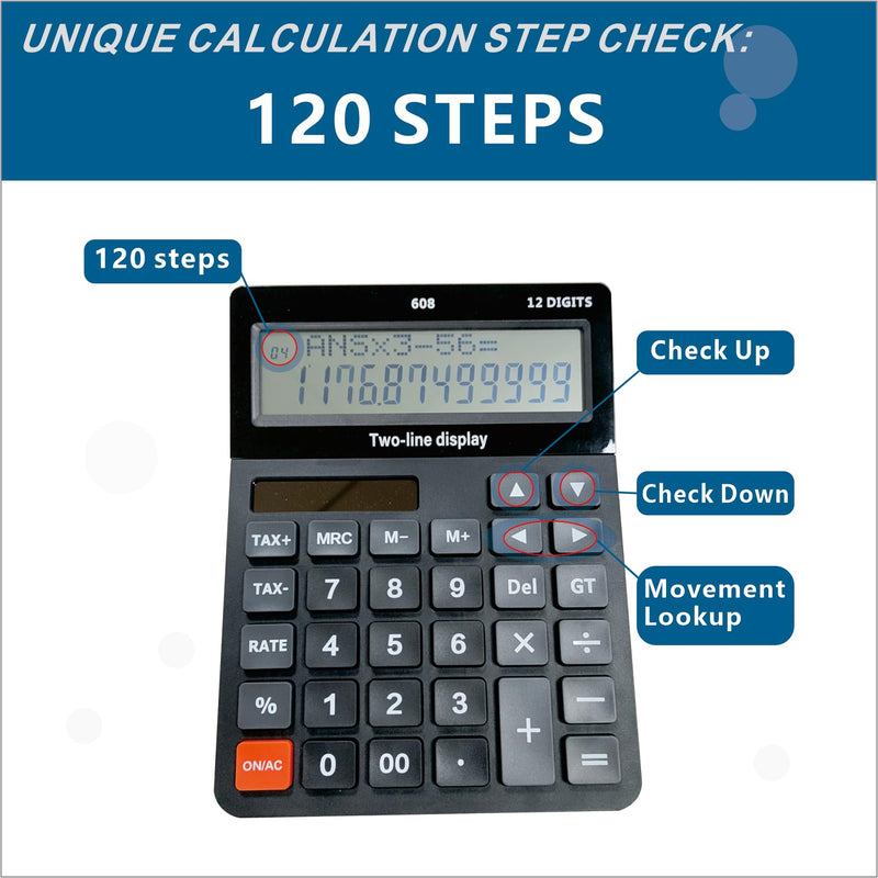 DECKLIT Battery and Solar Unique 120-Step Calculation Check 12 Digit 2 Line Extra Large Calculator Big Buttons and 5.5" LCD Display, Configurable Tax Rate Financial Calculator for Tax Calculations 2 line black