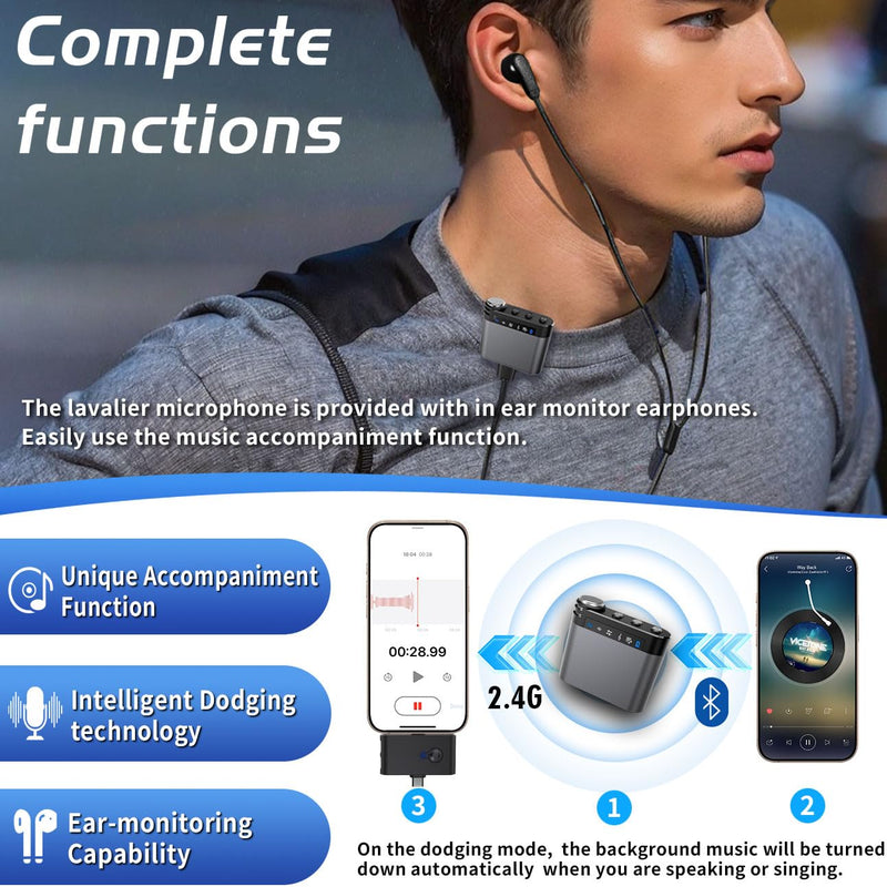 M9 Wireless Lavalier Microphone for Iphone 14/15/16, Android, Tiktok, YouTube,VLOG Recording, Podcast,Portable Mini Lapel Mic with Professional Audio System (Grey ( 1TX+1RX)) Dark Grey ( 1TX+1RX)