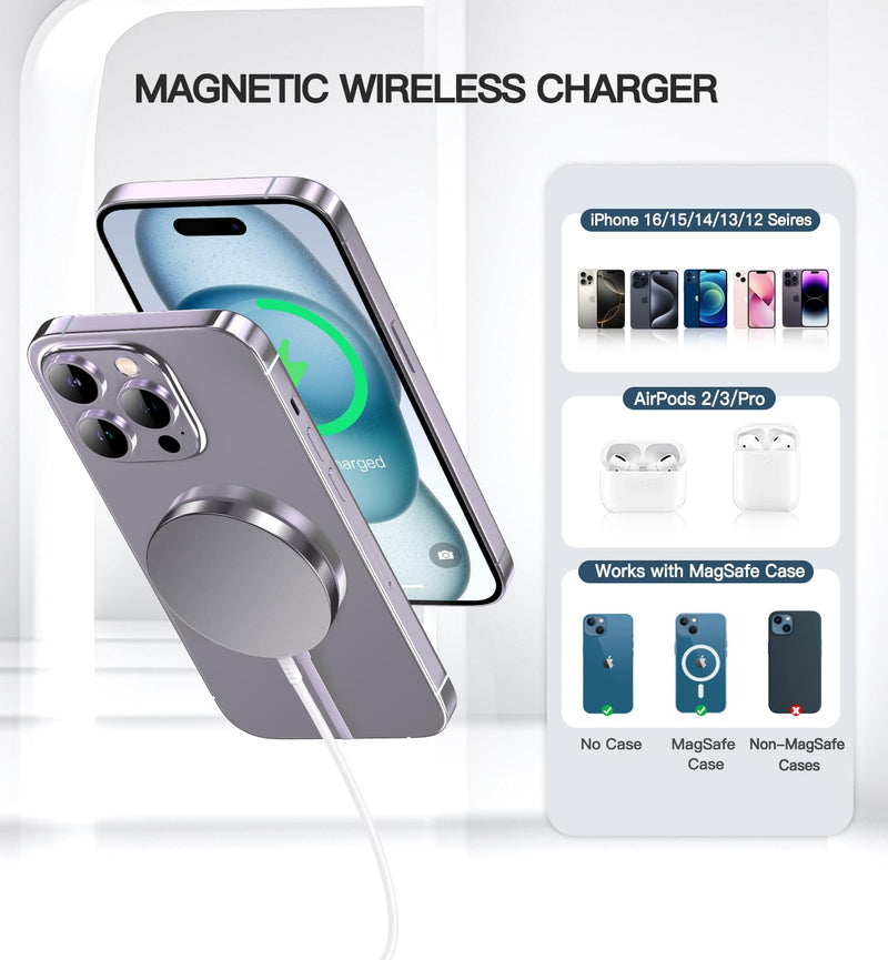 [AUSTRALIA] - Magnetic Wireless Charger 15W Fast Mag Safe Charger for Cell Phone 16 Pro Max/16 Pro/16 Plus/16/15/14/13/12 Series 2 Pack Charging Pad for AirPods 3/2/Pro 2/Pro Mag-Safe Original Replacement Silver magnetic charger 