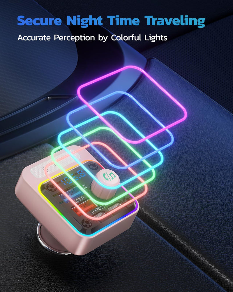 [AUSTRALIA] - Nulaxy 54W Bluetooth 5.3 Car Adapter with 4 Charging Ports [PD 36W & QC3.0 18W], Wireless Radio FM Transmitter with Deep Bass Player & 5 Colors LED Backlit, Hands-Free Calling - Pink 