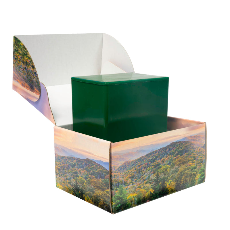 Mountain Themed TSA Approved Fly-Safe and Temporary Travel Cremation Urn Kit for Human Ashes - Airline and Mail Friendly - 200 Cubic Inch Capacity - Green Plastic Urn with Mountains Mailing Box Mountain