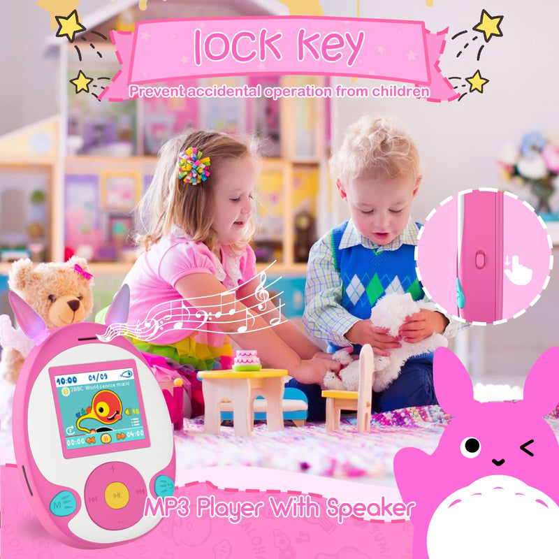 [AUSTRALIA] - 64GB MP3 Player for Kids, Kids MP3 Player with Bluetooth, Front Speaker, Games, Recorder, Ear Lights, Alarm, Music Player Expandable Up to 128GB(Earbud, Aux Cable, Lanyard Included) Pink 