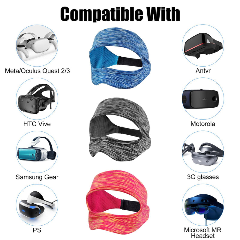 SAYAFAN VR Eye Mask, Adjustable Breathable VR Sweat Band for Meta/Oculus Quest 2/3, HTC Vive, PS, Gear, VR Workouts (3PCS) Colourful
