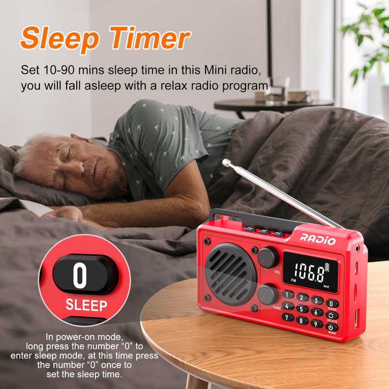[AUSTRALIA] - Portable Radio AM FM 1500mAh Rechargeable with Best Reception, Transistor shortwave Radio Wireless Bluetooth Speaker, with Large LCD Screen, Support TF Card U Disk, Earphone, Sleep Timer (Red) Red 