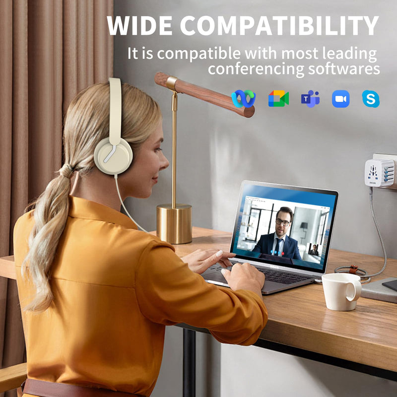 awatrue USB Headset with Microphone for PC, Computer Headset with Noise Canceling Microphone for PC Laptop, in Line Mute Controls, Wired Headset for Work from Home/Office/Call Center/Teams/Zoom Apricot