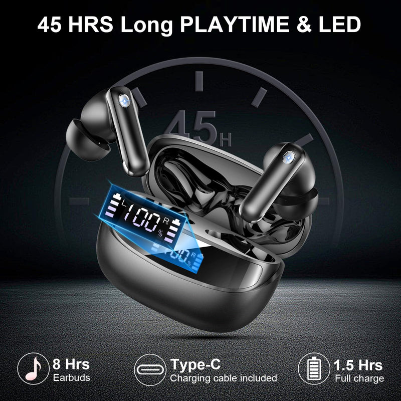 2026 Wireless Earbuds 5.4, Bluetooth Headphones HiFi Stereo, 50H Playtime | In-Ear Headphones with 4 ENC Noise Cancelling Mics, IP7 Waterproof Wireless Headphones, Earbuds for iOS/Android, LED Display Midnight Black