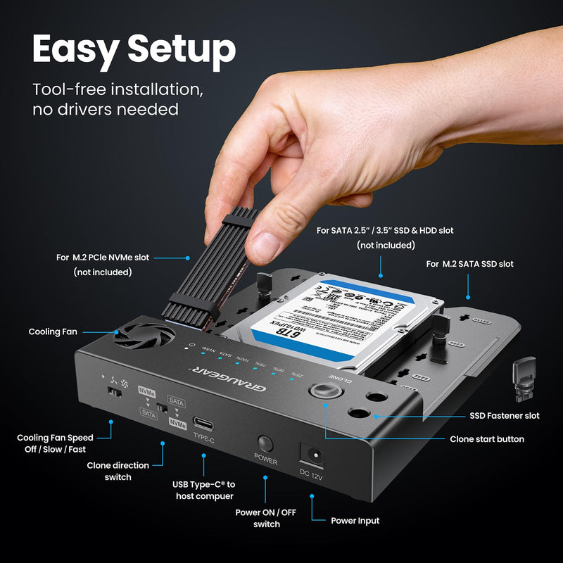 GRAUGEAR NVMe M.2 & SATA SSD/HDD Hard Drive Docking Station, USB-C 10Gbps NVMe Reader, SATA to M.2 NVMe Cloner, 2.5/3.5 SATA Enclosure Lay-Flat Clone Station, Dual Bay Offline Clone