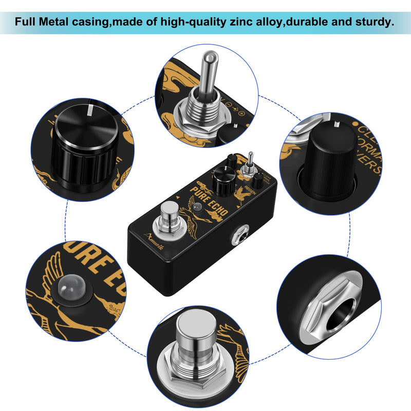Amuzik Pure Echo Guitar Effect Pedal Analog Digital Delay Effects Pedals for Clear Normal Reverse 3 Modes with Ture Bypass Mini Size