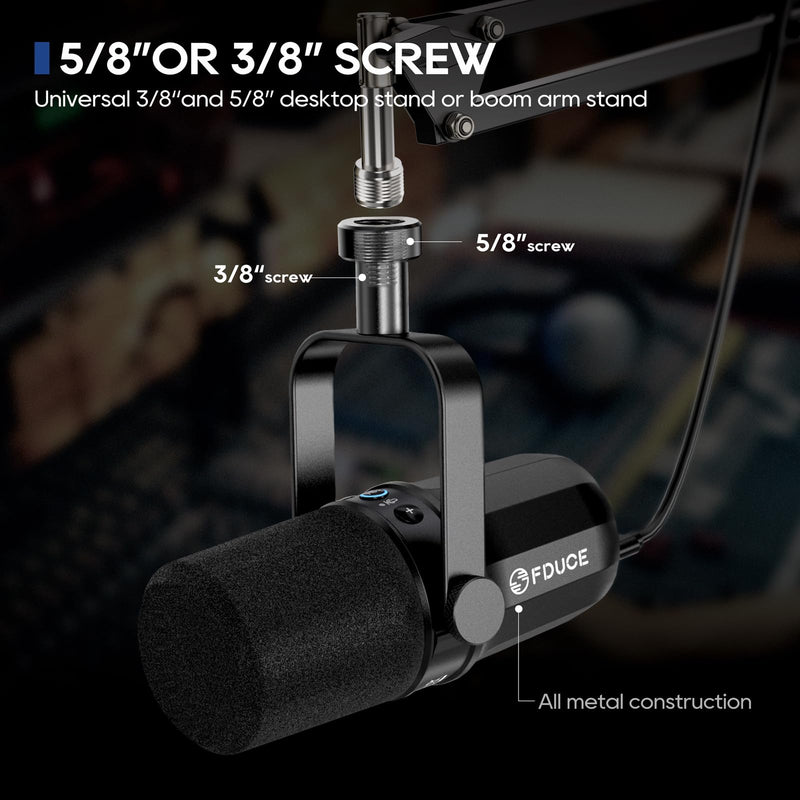 FDUCE SL40 USB/XLR Dynamic Microphone for Podcasting, Gaming, Live Streaming and Recording, Built-in Headphone Output, LED Mute Button, All Metal, Voice Isolation Technology