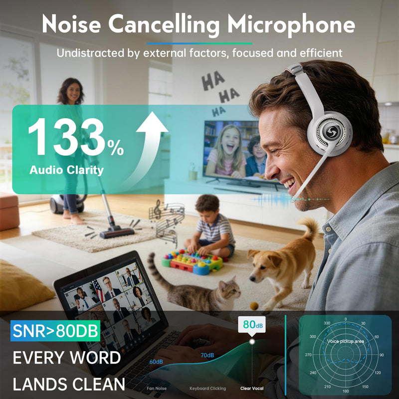[AUSTRALIA] - Wireless Headsets with Mic for Work, Wireless Headset for Cell Phones, Ultra Lightweight& 50+ Playtime, On Ear Bluetooth Headphone Fit for PC/Call Center/Computer/Laptop/Teams - White 