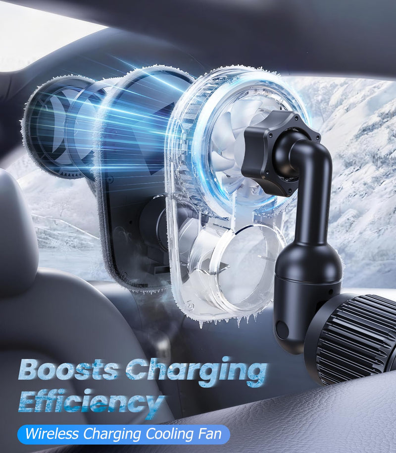 Long-arm Wireless Magnetic Car Phone Holder Mount with Cooling Fan & RGB Lights, 15W Fast Charging Auto-Rotate Charger for iPhone 17/16/15/14/13/12 S25 Samsung Google, Car Air Vent Mount Vent clip
