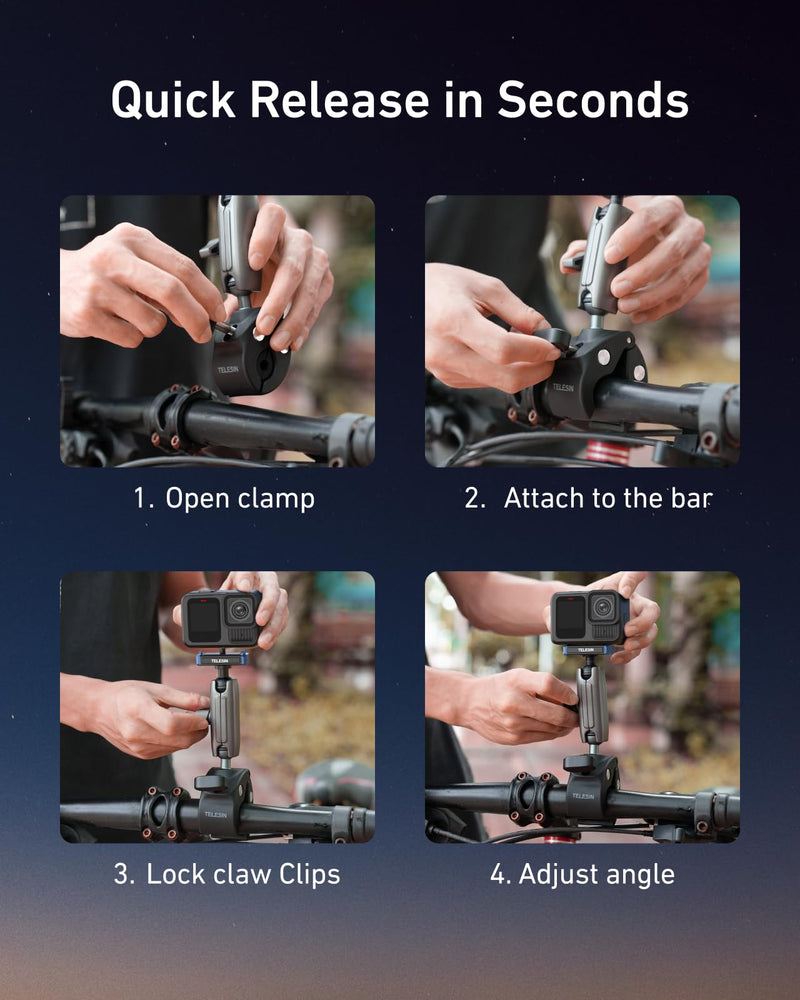 [AUSTRALIA] - TELESIN Super Clamp Mount | Bike Handlebar Mount for Hero 13 | Power Suction Magnetic Design | 360° Rotation Ball Head | Fits 9-38mm Handlebar for Bike/Bicycle/Motorcycle 
