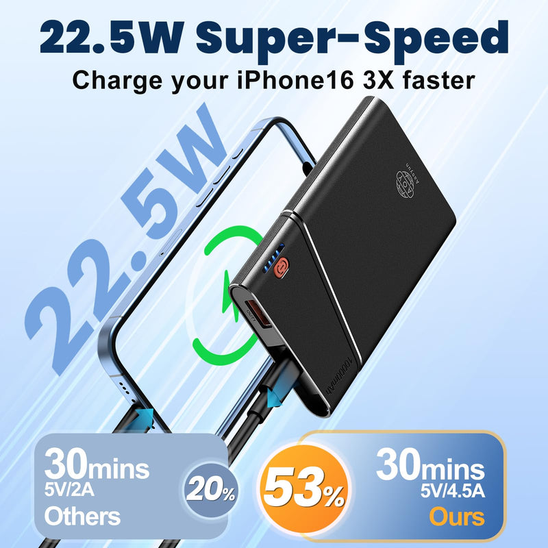 [AUSTRALIA] - Portable Charger, 22.5W PD Fast Charging 10000mAh Power Bank with Detachable USB C Cable for Travel, Slim Hands-Free External Battery Pack for iPhone 16/15/14 iPad Samsung S24 etc, Black 1 Pack 