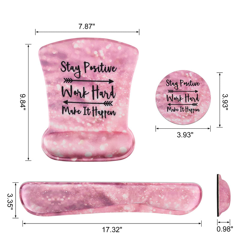 Ergonomic Mouse Pad with Wrist Support Gel, DINKY Upgraded Keyboard Wrist Rest Pad Set, Lovely Coaster with Non-Slip PU Base Mouse Pads for Working, Gaming and Family (Pink Letters) Pink Letters